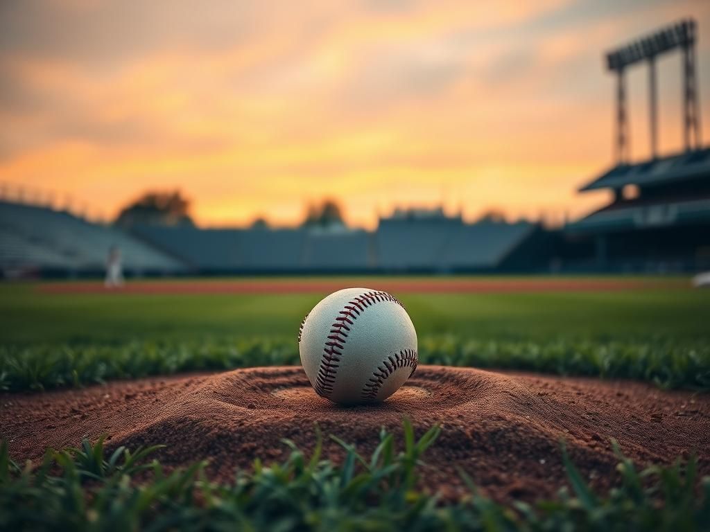 Flick International A poignant baseball field scene at dusk with an empty diamond and a baseball on the pitcher's mound.