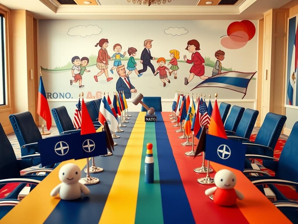 Flick International A whimsical conference room filled with oversized props and NATO flags embodying humor in diplomacy