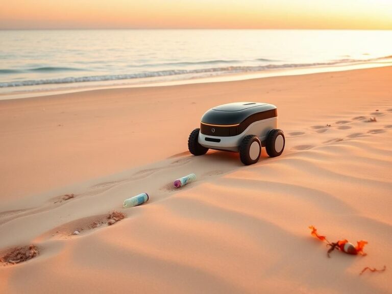 Flick International BeBot robot cleaning the beach at sunrise with gentle waves in the background