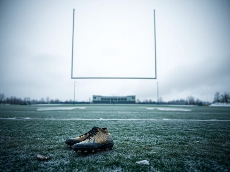 Flick International A desolate football field covered in frost, with abandoned cleats symbolizing a player's decision in cold weather
