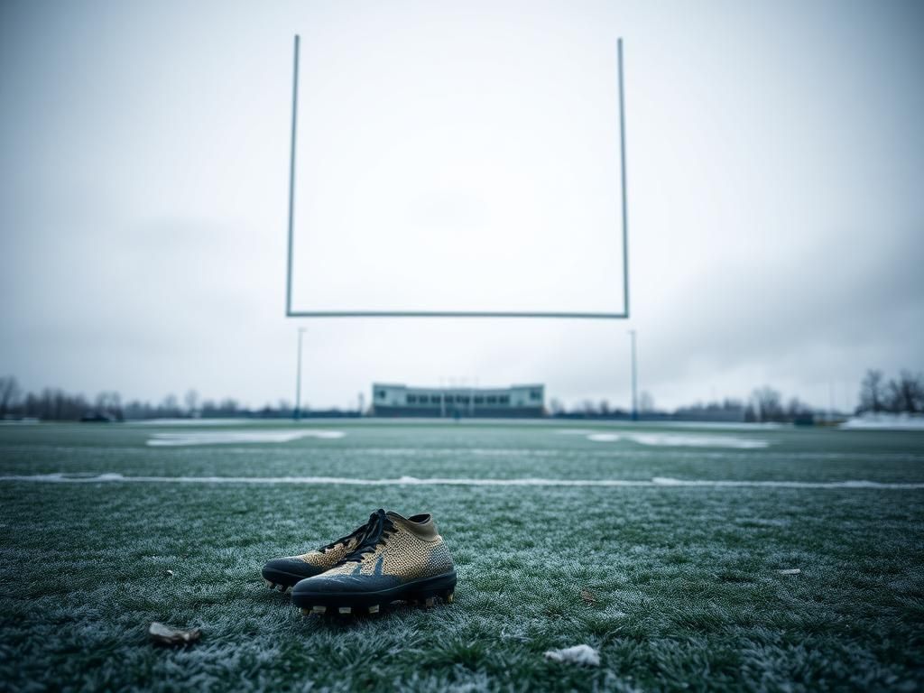 Flick International A desolate football field covered in frost, with abandoned cleats symbolizing a player's decision in cold weather