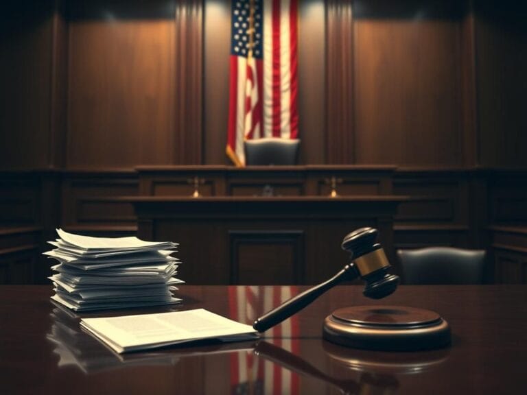 Flick International Dramatic courtroom scene with a judge's bench and legal documents
