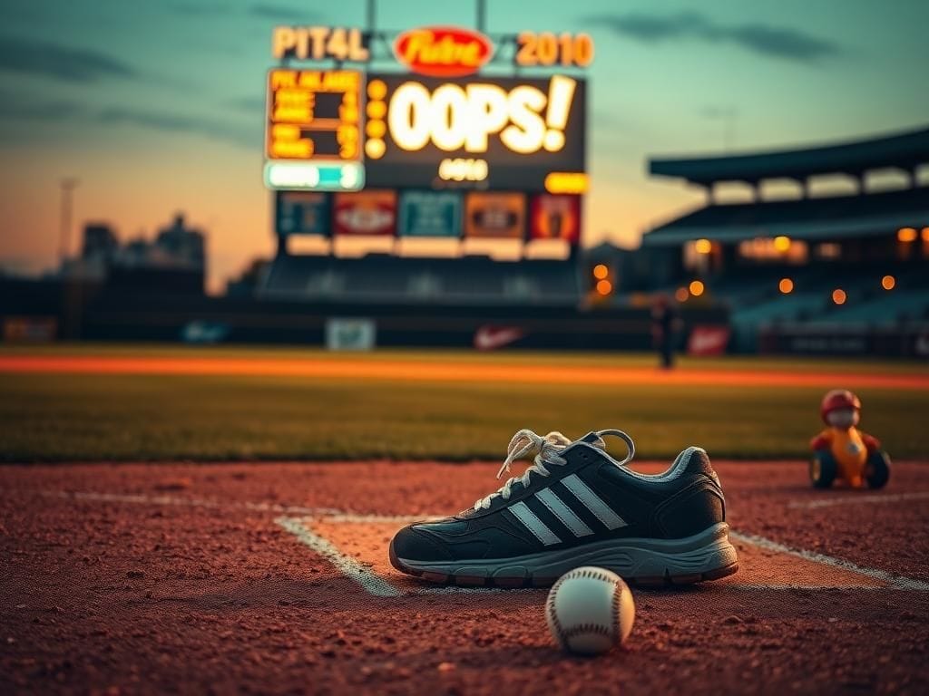 Flick International a baseball diamond at dusk with worn cleats near home plate and a humorous scoreboard