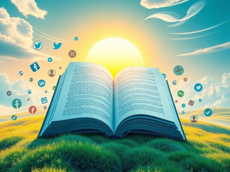 Flick International A surreal digital landscape representing a vibrant online media platform with a large open book and social media icons.