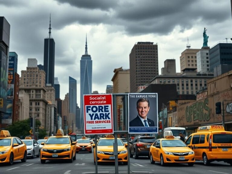 Flick International A bustling New York City street showcasing a political campaign scene with contrasting candidate posters and graffiti.