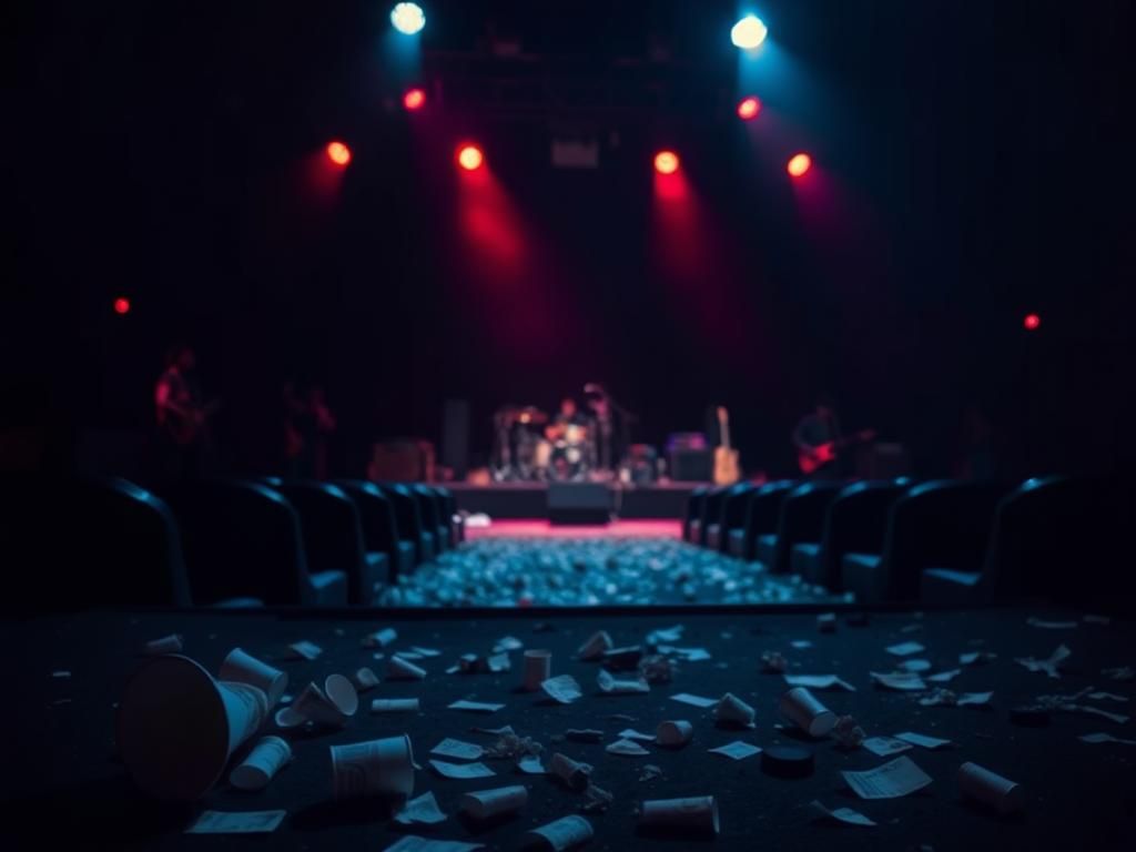 Flick International Dimly lit concert venue with a chaotic scene and scattered debris after a brawl