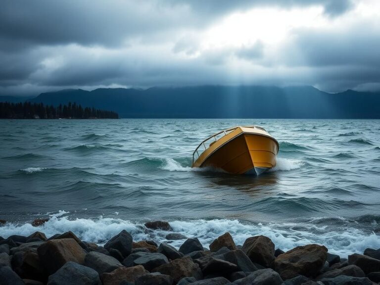 Flick International Choppy waves at Lake Tahoe with a partially submerged boat visible during a stormy afternoon