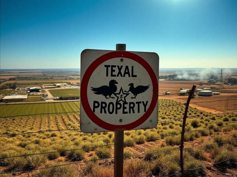 Flick International Expansive Texas landscape showing agricultural land, barbed-wire fence, and 'No Trespassing' sign symbolizing property security.