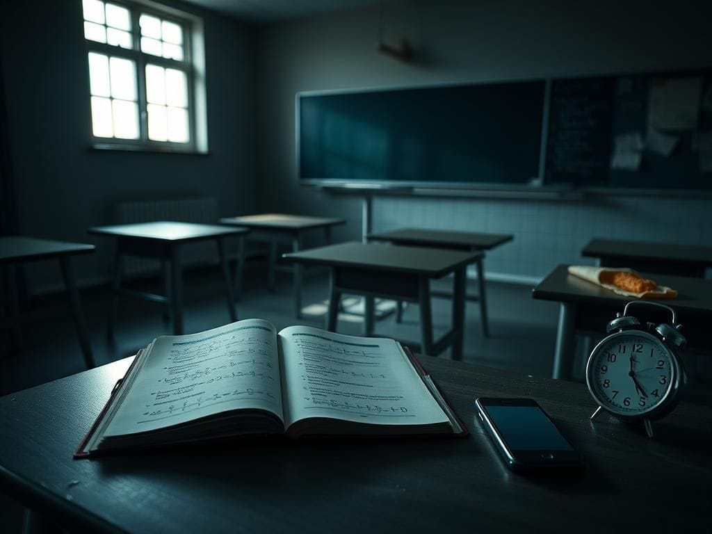 Flick International A dimly lit classroom with empty desks and an open math textbook during lunchtime