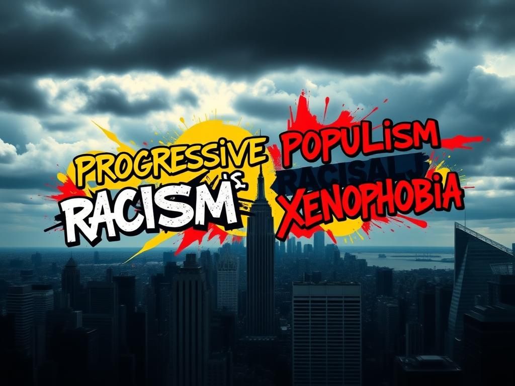 Flick International A dramatic cityscape of New York City with graffiti art representing political dialogue