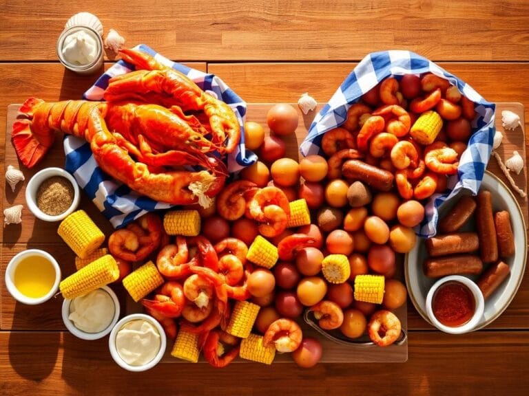 Flick International A vibrant summer seafood feast featuring Red Lobster's Mariner's and Sailor's boils on a rustic wooden table.