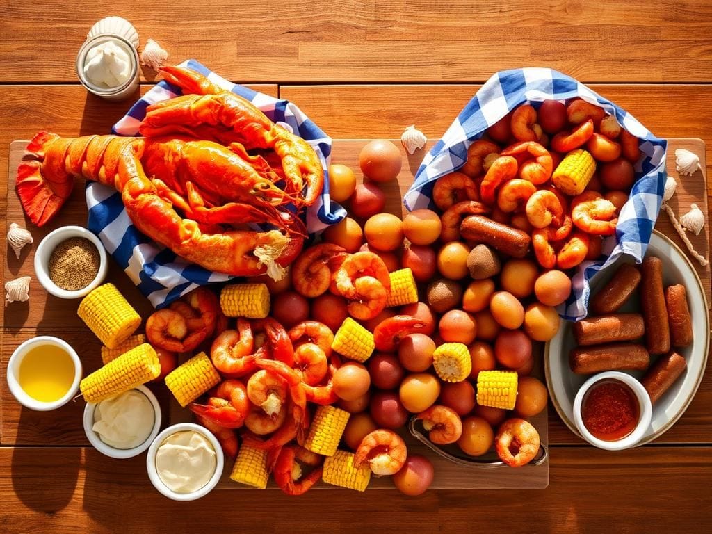 Flick International A vibrant summer seafood feast featuring Red Lobster's Mariner's and Sailor's boils on a rustic wooden table.