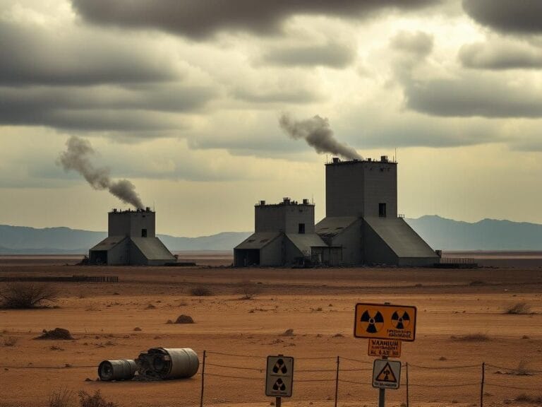 Flick International Desolate landscape with ruined nuclear facilities amidst a barren desert