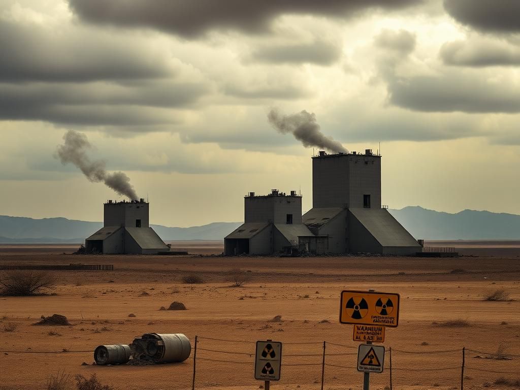 Flick International Desolate landscape with ruined nuclear facilities amidst a barren desert