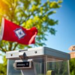 Flick International Close-up of a secure ballot box in a lush outdoor setting symbolizing election integrity