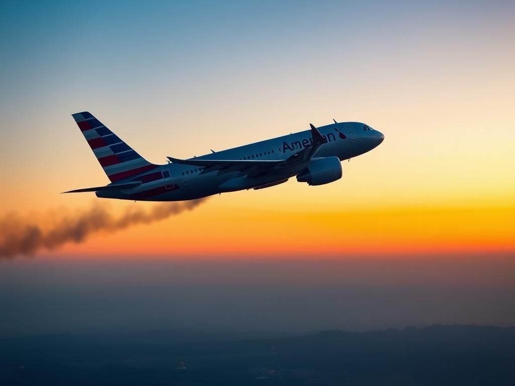 Flick International American Airlines Airbus A321 in flight with smoke and sparks from the engine