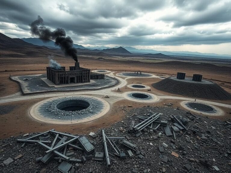 Flick International Aerial view of a destroyed Iranian nuclear facility with craters and smoke billowing from ruins