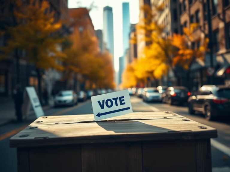 Flick International A close-up view of a weathered ballot box at a New York City polling station surrounded by fall foliage