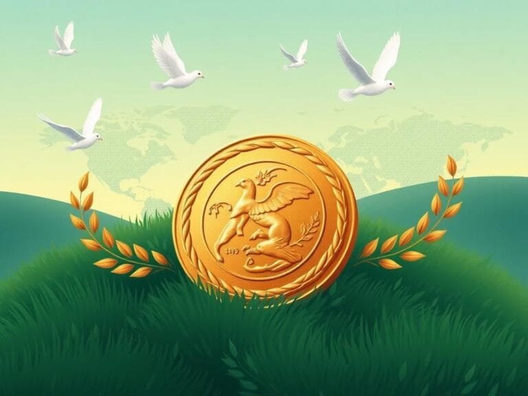 Flick International Stylized depiction of a large, ornate Nobel Prize medal surrounded by doves and olive branches in a lush green landscape