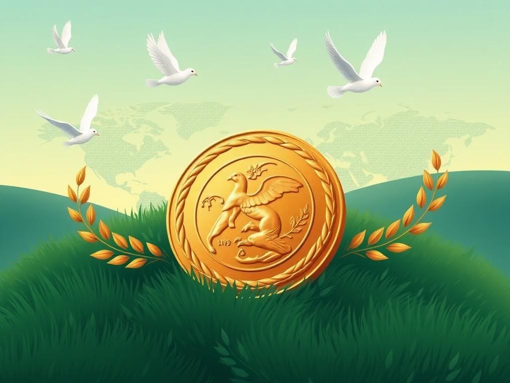 Flick International Stylized depiction of a large, ornate Nobel Prize medal surrounded by doves and olive branches in a lush green landscape