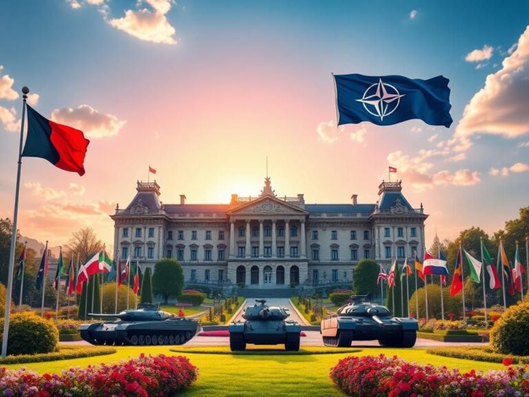 Flick International Grand palace with lush gardens and NATO flags during the summit