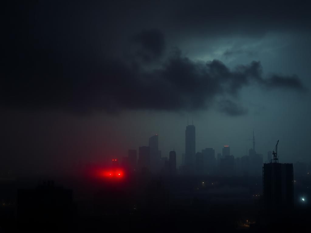 Flick International Dimly lit urban skyline with ominous storm clouds and shadowy figures representing hidden threats