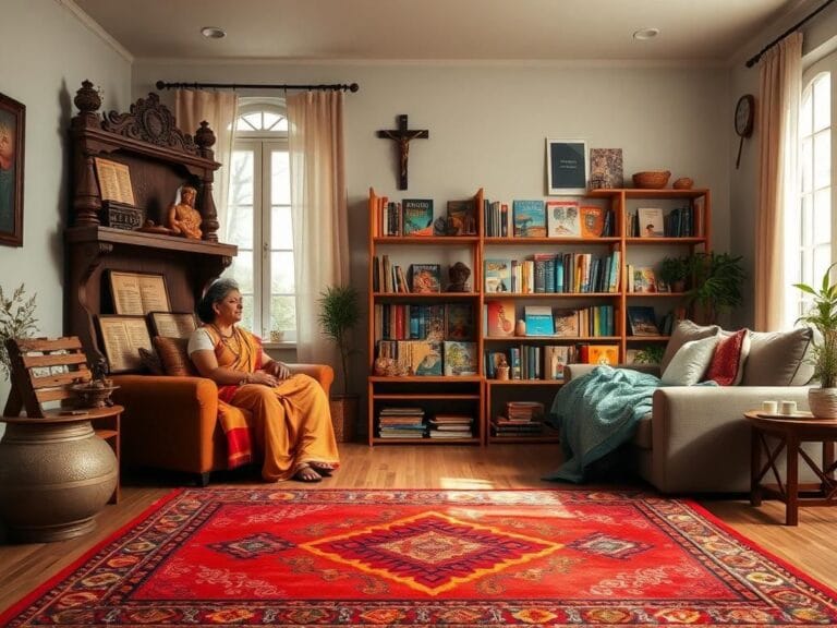 Flick International Cozy living room showcasing interfaith parenting with Hindu and Catholic artifacts