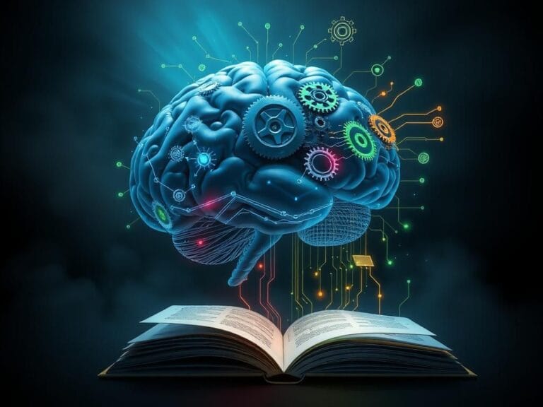 Flick International Surreal digital artwork of a human brain intertwined with technology, featuring circuit patterns and gears.