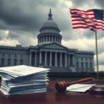 Flick International A large congressional building under a cloudy sky with scattered paperwork