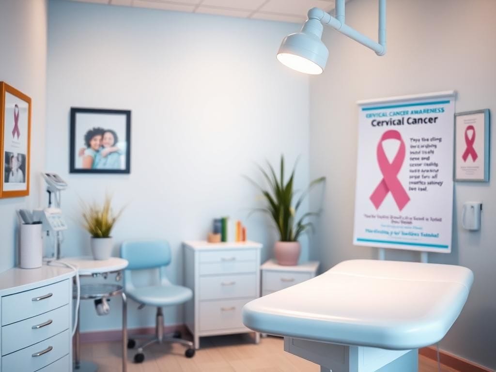 Flick International A serene healthcare setting with a gynecological exam table and cervical cancer awareness materials, emphasizing inclusivity in health screenings.
