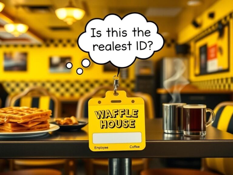 Flick International A vibrant Waffle House interior with an employee ID badge on a diner table surrounded by waffles and coffee.
