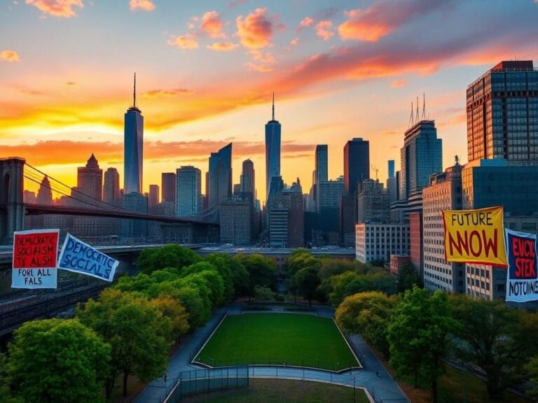 Flick International Vibrant New York City skyline at sunset with protest signs and colorful banners symbolizing progressive movements