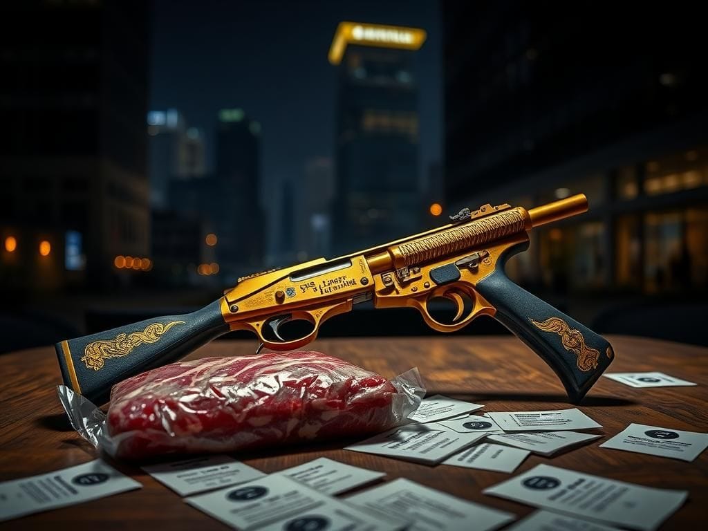Flick International Ornately designed golden firearms on a wooden table in a dimly lit urban setting