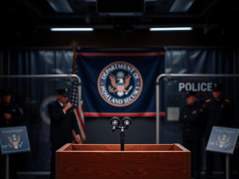 Flick International Empty podium at a tense press conference representing political conflict