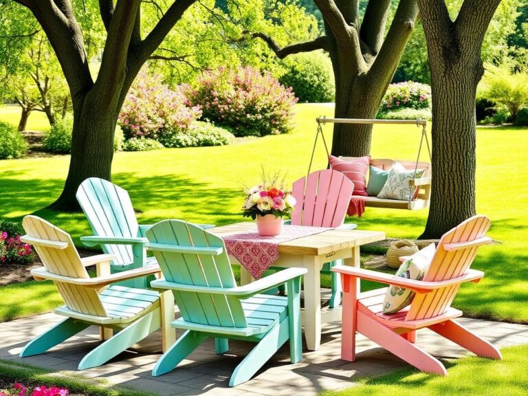 Flick International Colorful Polywood Adirondack chairs around a vibrant outdoor dining table on a sunny patio