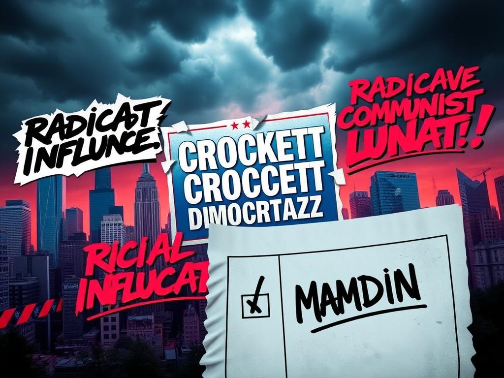 Flick International Exaggerated campaign poster featuring Crockett and Ocasio-Cortez in a chaotic political scene