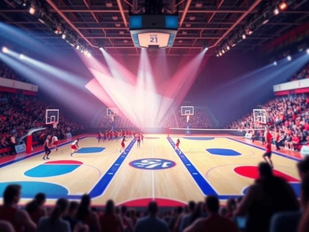 Flick International Dynamic sports arena showcasing competition with basketball and volleyball courts representing women's sports