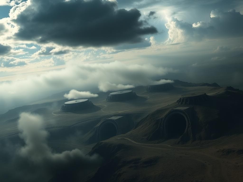 Flick International Aerial view of Iran's nuclear facilities with fortified entrances shrouded in mist