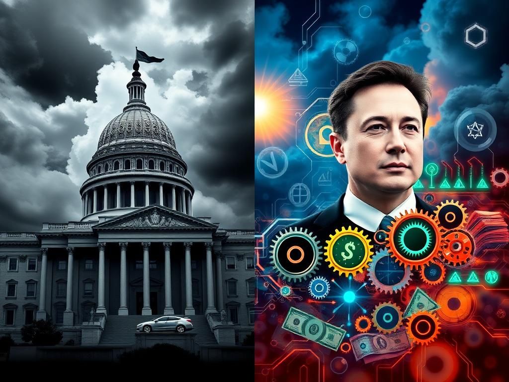 Flick International Split image contrasting a legislative building with chaotic bills on one side and money and tech symbols on the other side