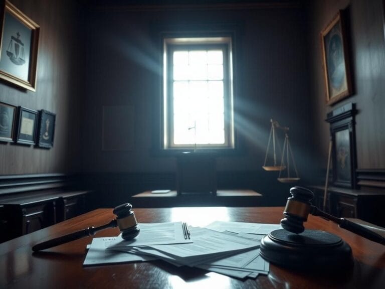 Flick International Dimly lit courtroom with empty podium and scattered legal documents symbolizing immigration legal battle