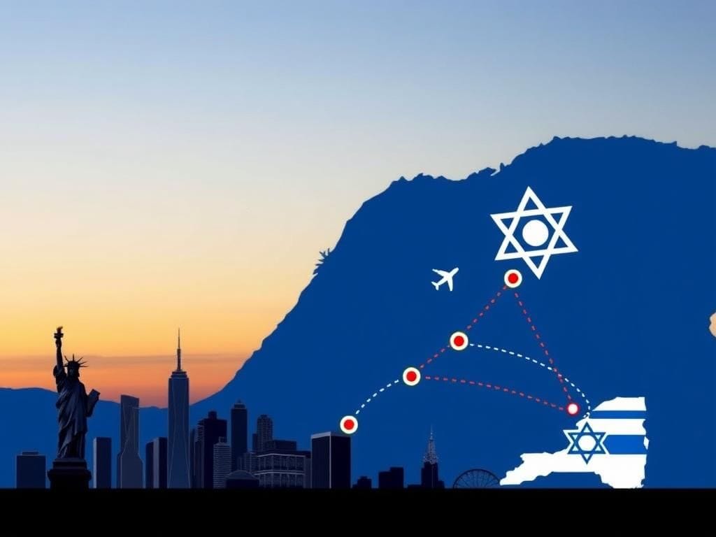 Flick International Map of the eastern Mediterranean showing evacuation route from Israel to New York