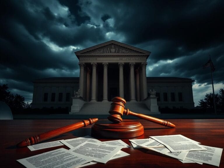 Flick International Large courthouse building under stormy skies symbolizing judicial nomination tension