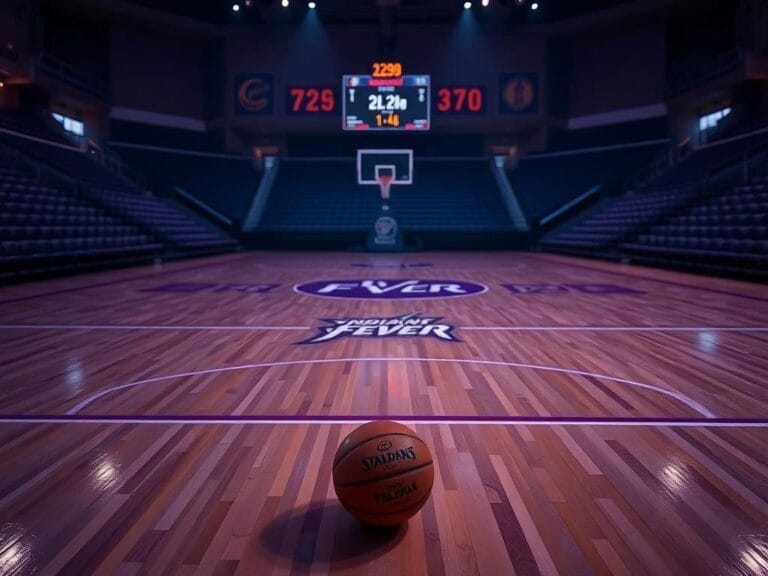 Flick International Close-up of an empty basketball court with the Indiana Fever logo during twilight