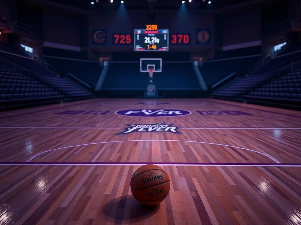 Flick International Close-up of an empty basketball court with the Indiana Fever logo during twilight