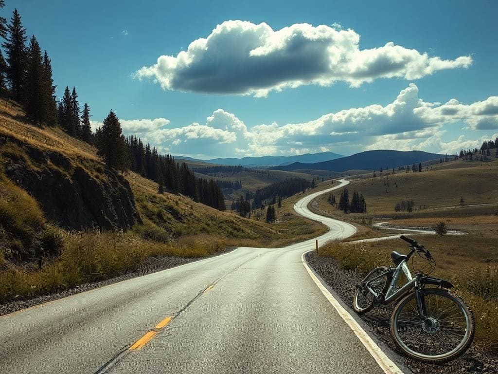 Flick International A desolate landscape with an abandoned bicycle near a winding road in Colorado, symbolizing a sudden disappearance.