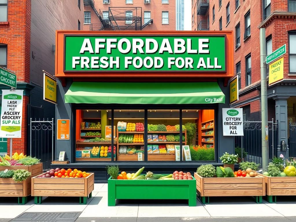 Flick International Vibrant urban scene of a city-run grocery store in NYC with colorful produce displayed