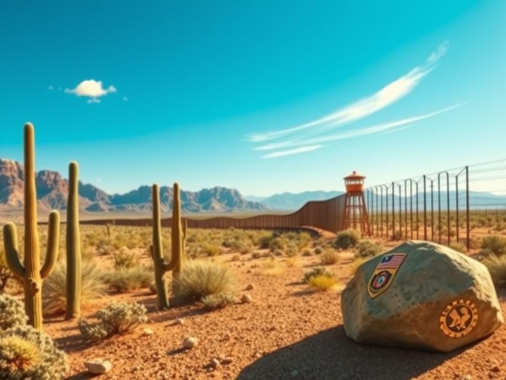 Flick International Expansive view of the U.S.-Mexico border landscape with cacti and border security elements