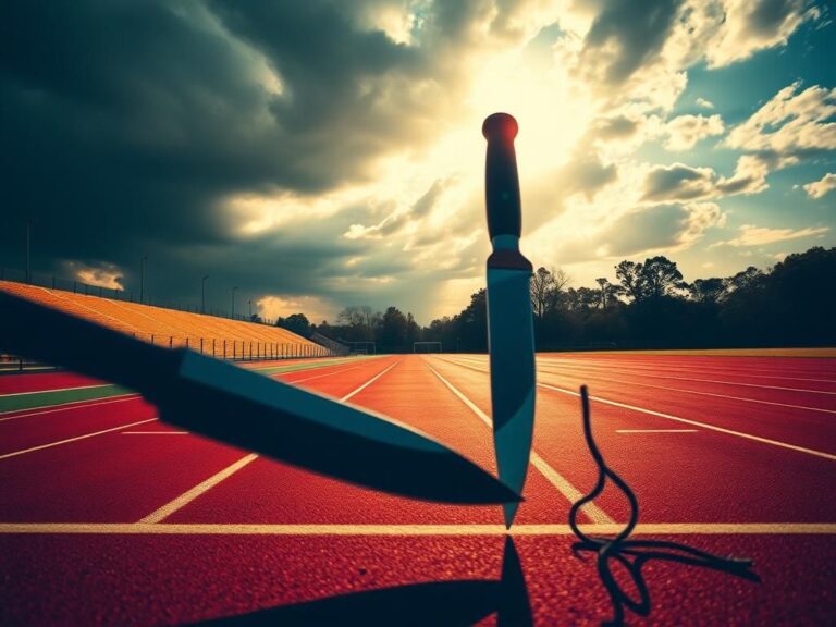 Flick International A vibrant athletic track contrasts with a shadowy knife, symbolizing the clash of hope and violence.