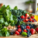 Flick International Vibrant still life of brain-healthy foods including leafy greens, berries, nuts, and olive oil