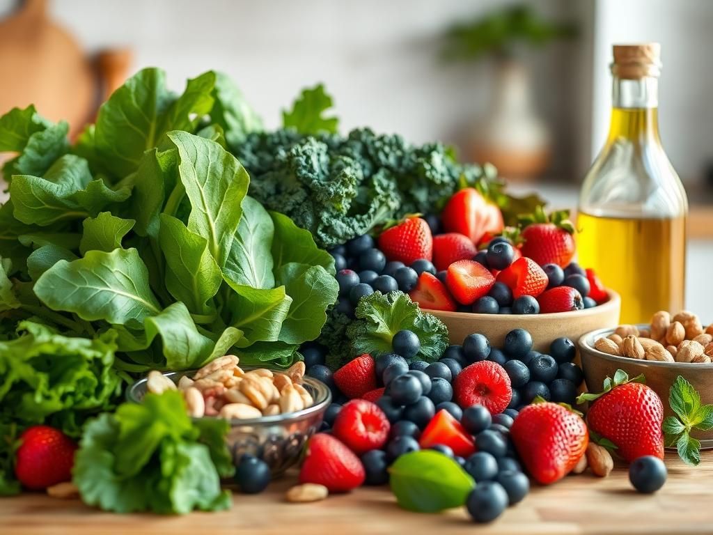 Flick International Vibrant still life of brain-healthy foods including leafy greens, berries, nuts, and olive oil